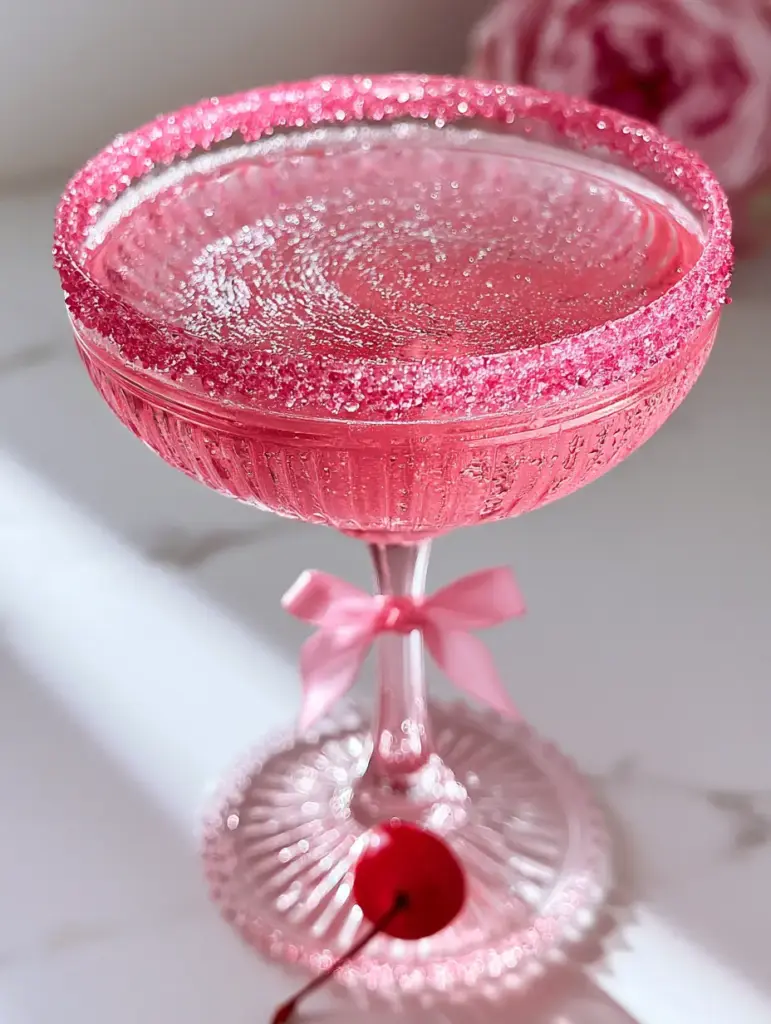 A ribbed crystal coupe glass filled with a Mean Girls cocktail and a hot pink sugar rim.