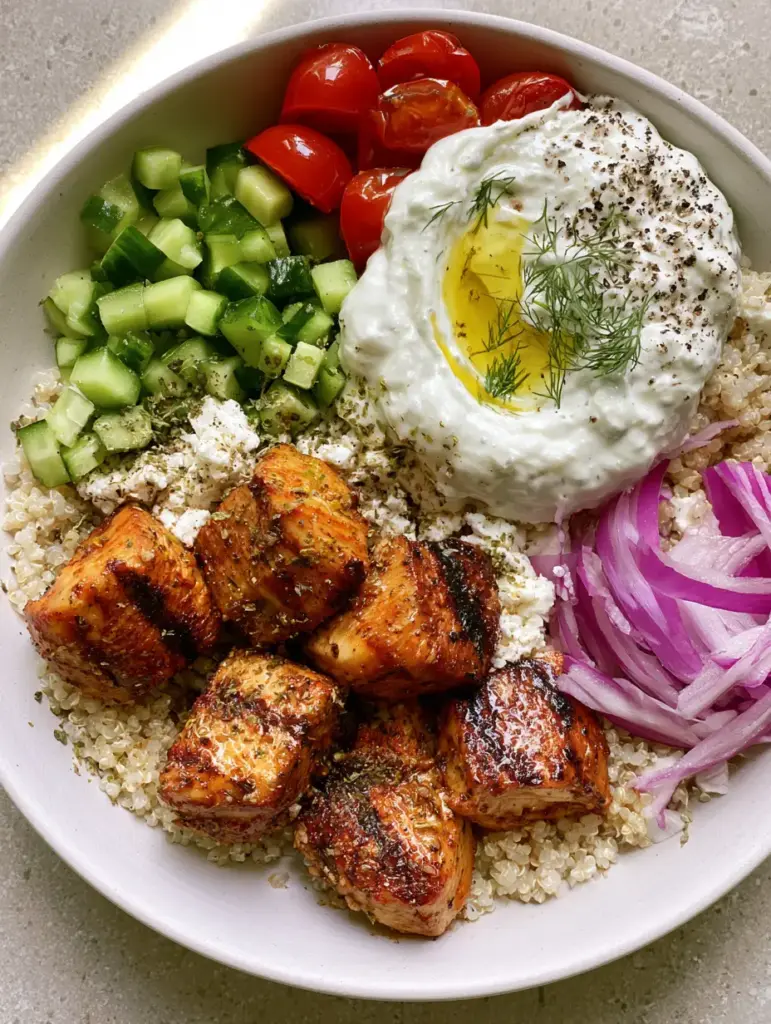 Greek Chicken Grain Bowl: The Ultimate High-Protein Mediterranean Meal Prep 1 Close up of vibrant Mediterranean toppings including Persian cucumbers, cherry tomatoes, and velvet tzatziki sauce.