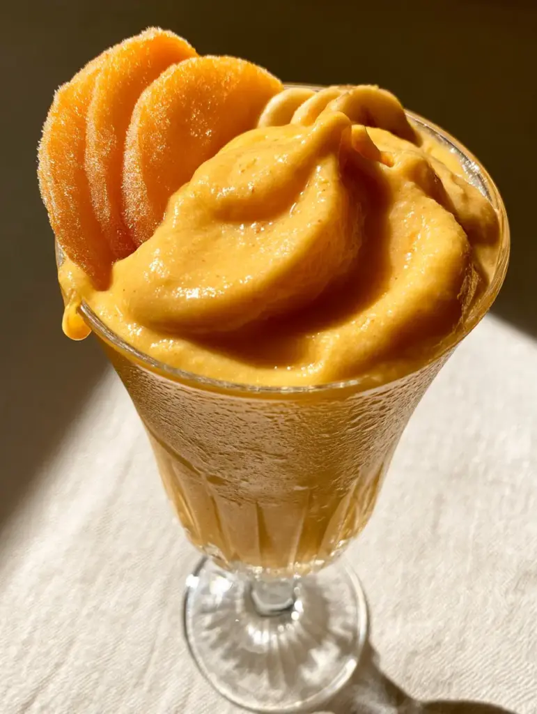 A sun-drenched pastel orange Banana Peach Smoothie in a fluted glass during golden hour light.