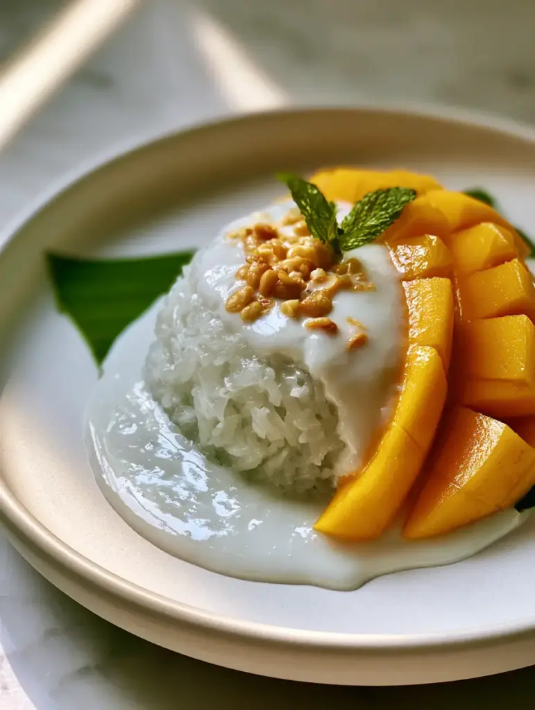 Opaque white coconut cream sauce being drizzled over mango sticky rice on a matte white plate.