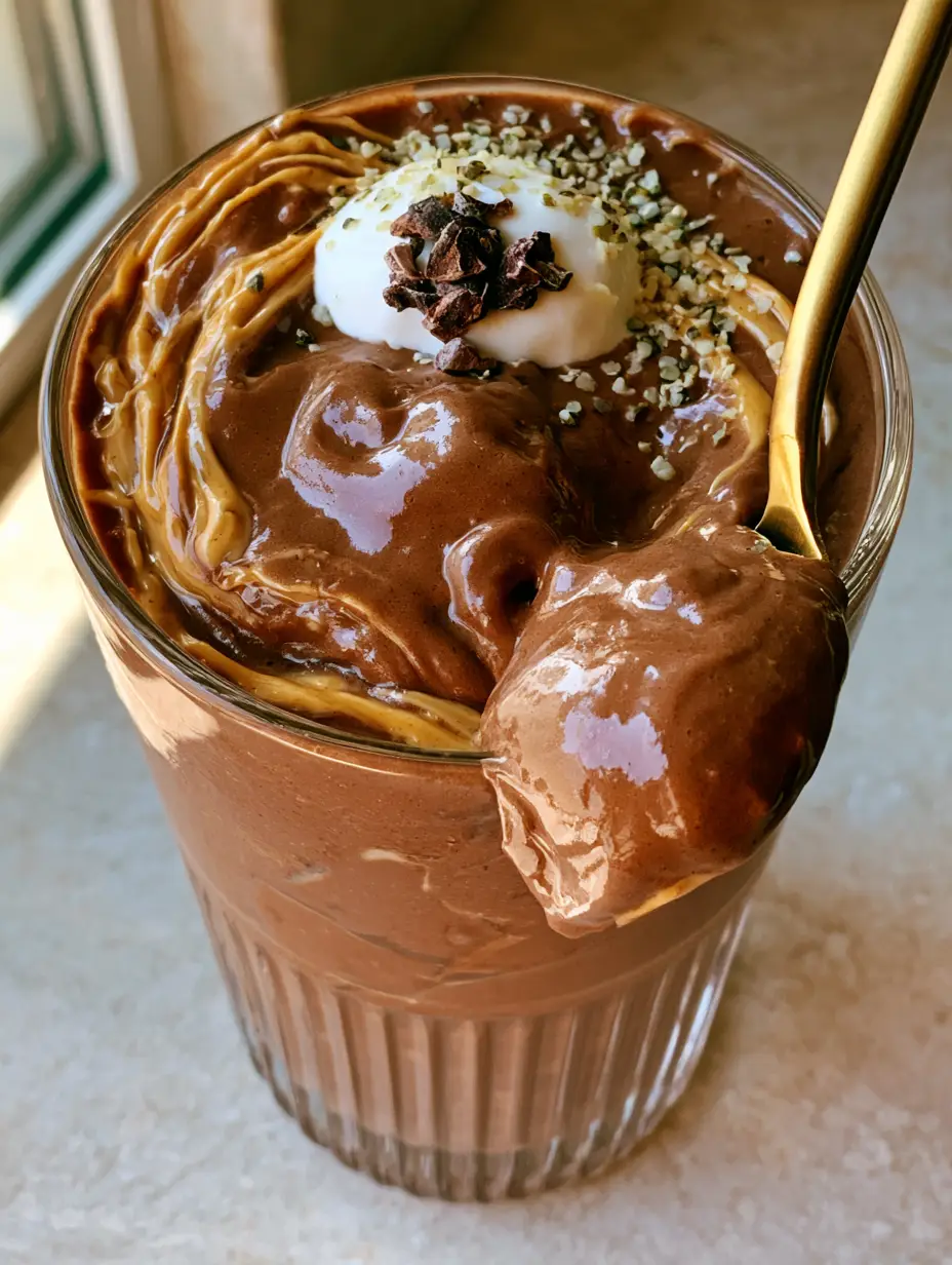 Smoothie Tips for the Thickest Chocolate Almond Butter Protein Blend 3 Overhead view of a chocolate smoothie with almond butter swirl and Greek yogurt dollop, demonstrating smoothie tips for styling.