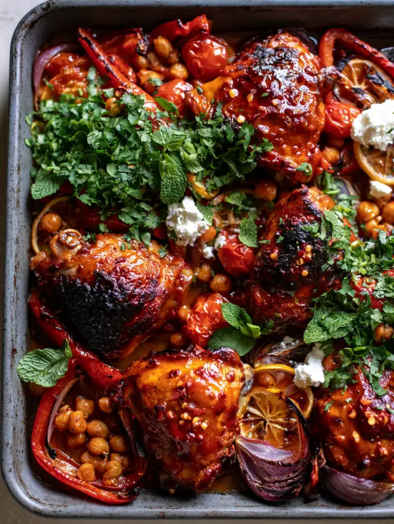 A wide shot of the finished sheet pan Moroccan Harissa Chicken garnished with green herbs and white feta cheese.