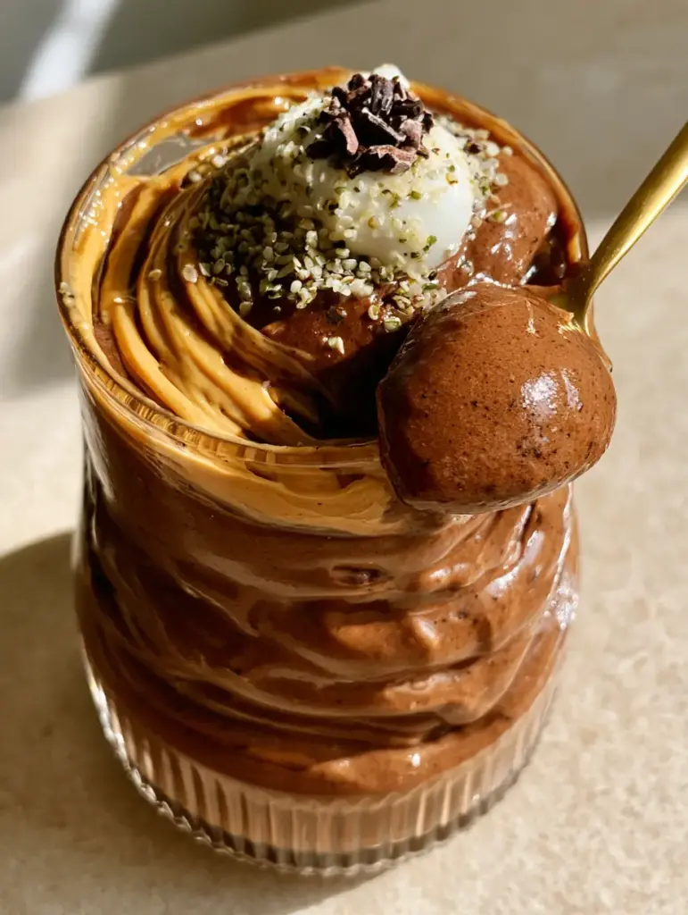 Smoothie Tips for the Thickest Chocolate Almond Butter Protein Blend 1 Close up of a gold spoon scooping dense chocolate protein smoothie against a minimalist stone background.