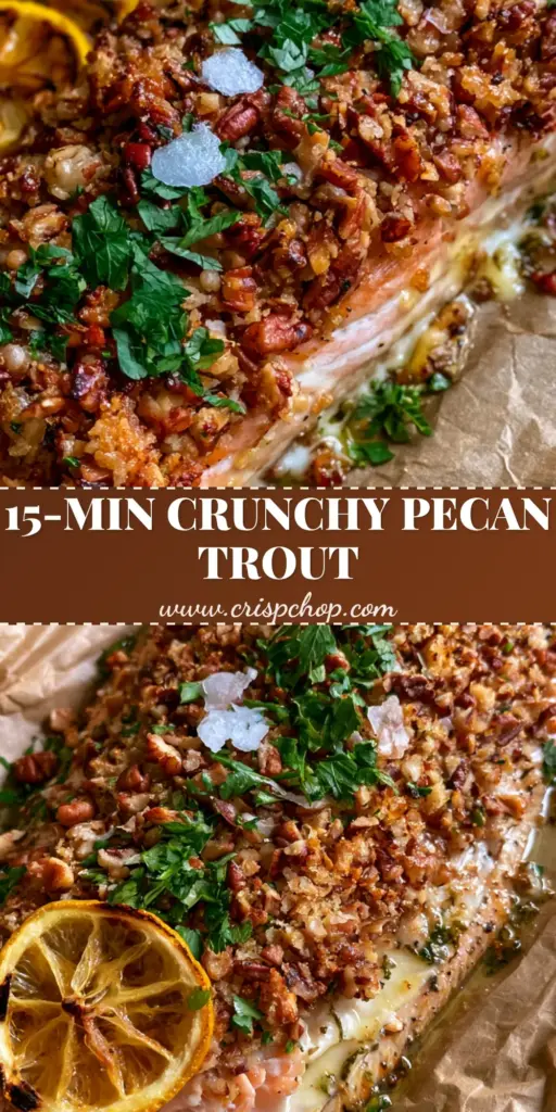A close-up shot of pecan-crusted trout on brown parchment paper with lemon slices and parsley.