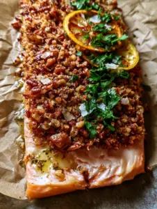 Macro top-down view of pecan-crusted trout showing the crunchy nut layer and melted butter. (pecan-crusted trout)