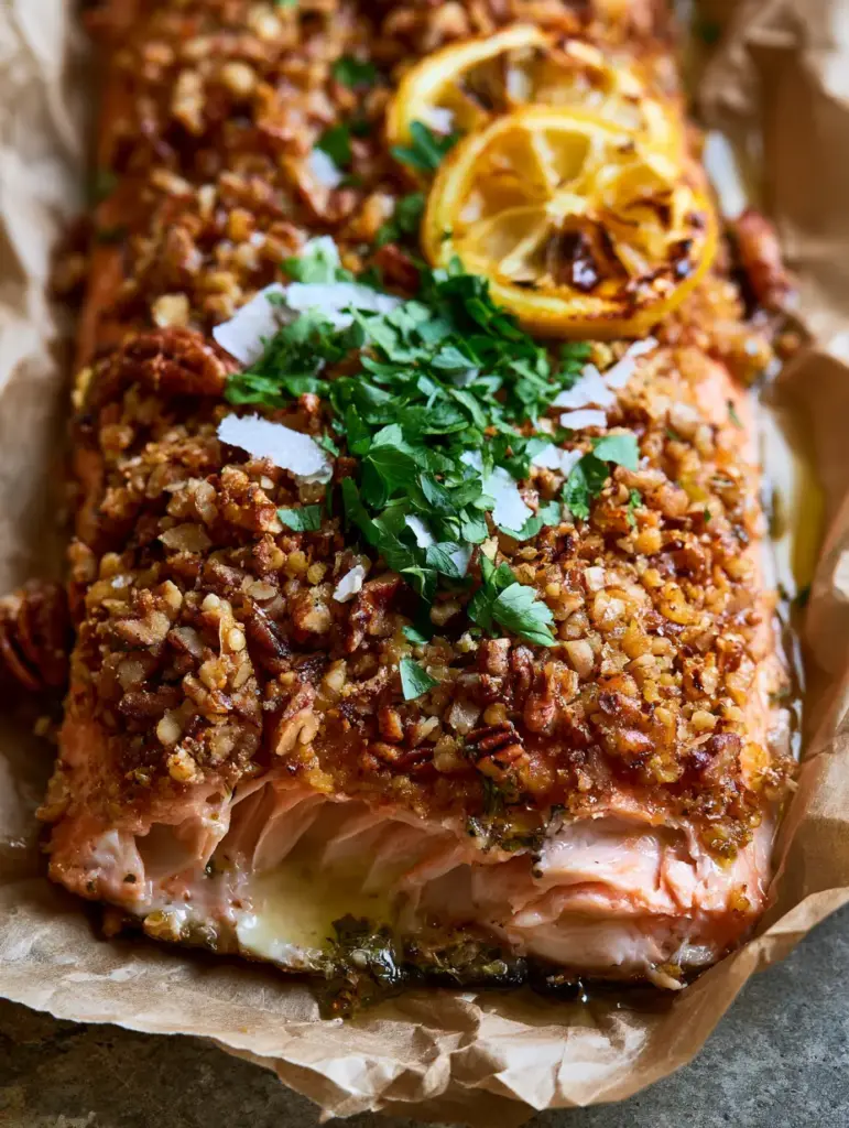 Close-up of golden brown toasted pecans on a thick rainbow trout fillet with charred lemon. (pecan-crusted trout)