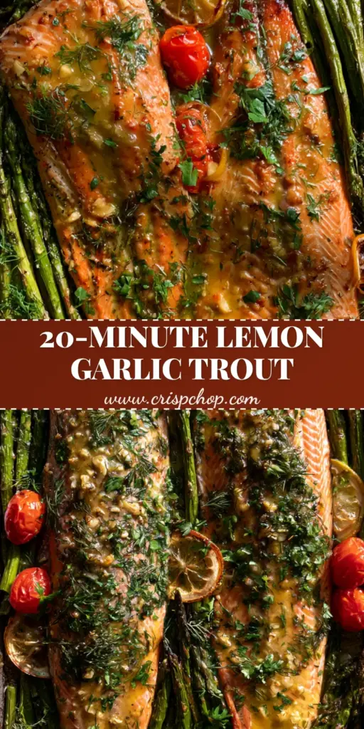 Sheet Pan Trout with Lemon Garlic Butter and Blistered Tomatoes 3 A top-down photo of a rustic dark metal sheet pan containing two roasted rainbow trout fillets with garlic butter, charred asparagus, and blistered tomatoes. (sheet pan trout)