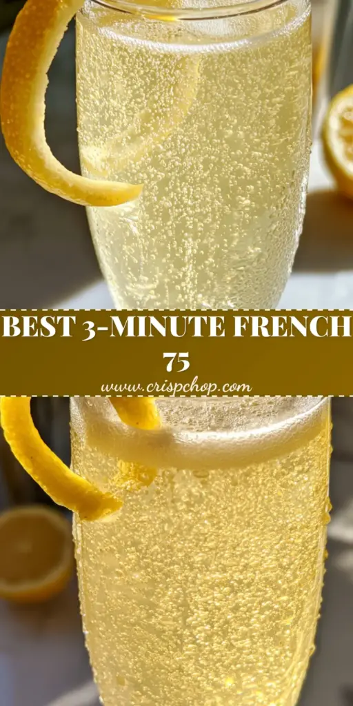 A close-up of a chilled French 75 cocktail in a crystal flute with a lemon spiral twist on a marble surface.
