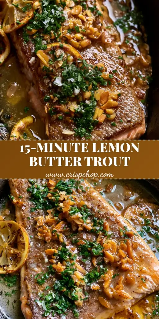 A top-down macro shot of a cast iron skillet featuring Trout Amandine with crispy skin, golden almond slivers, and charred lemon rounds.