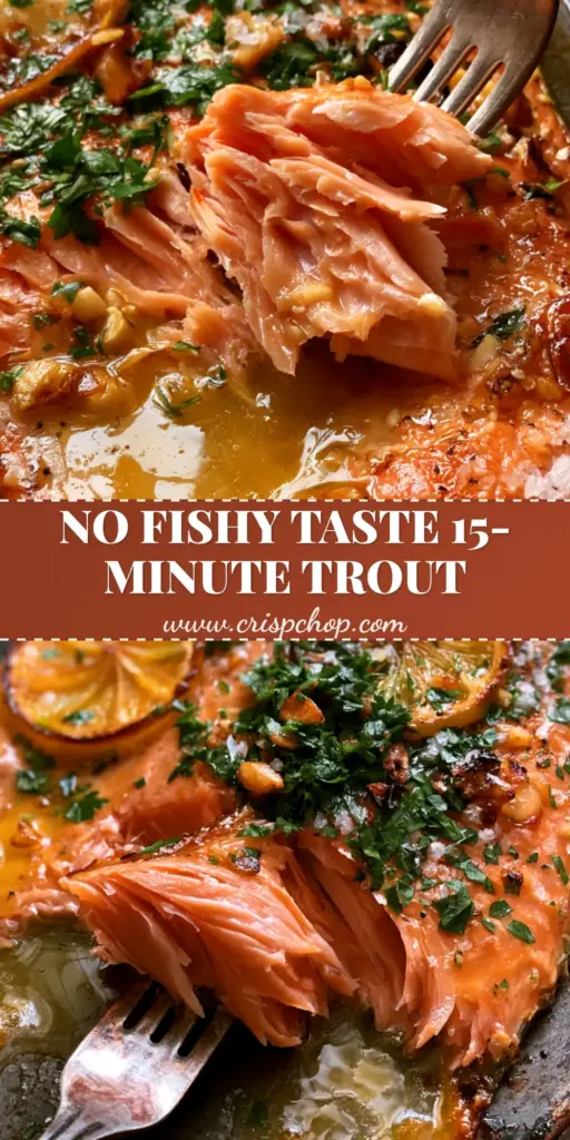 A close-up of a succulent rainbow trout recipe fillet with charred lemon and garlic butter glaze on a baking sheet. (trout recipe)