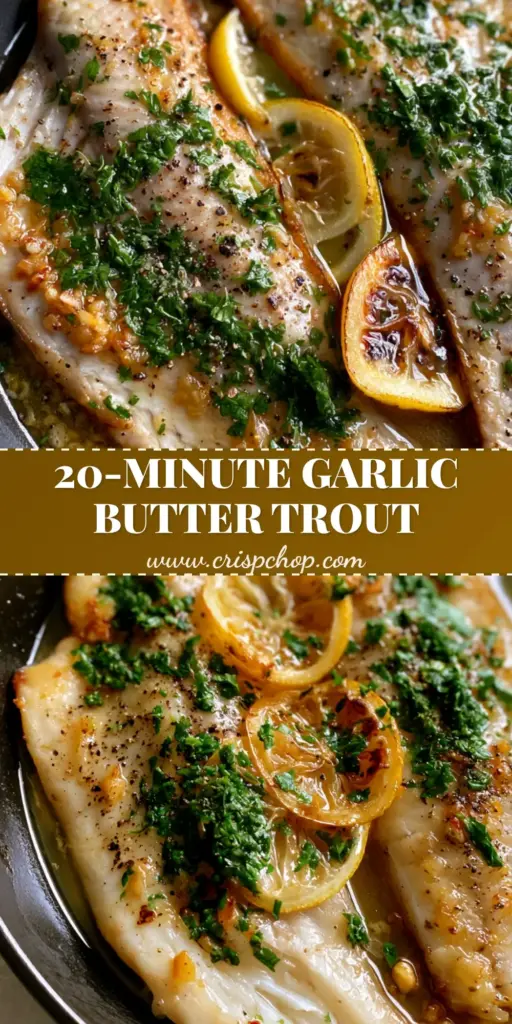 A top-down view of two pan-seared trout fillets in a black skillet drenched in trout with parsley and lemon butter sauce.