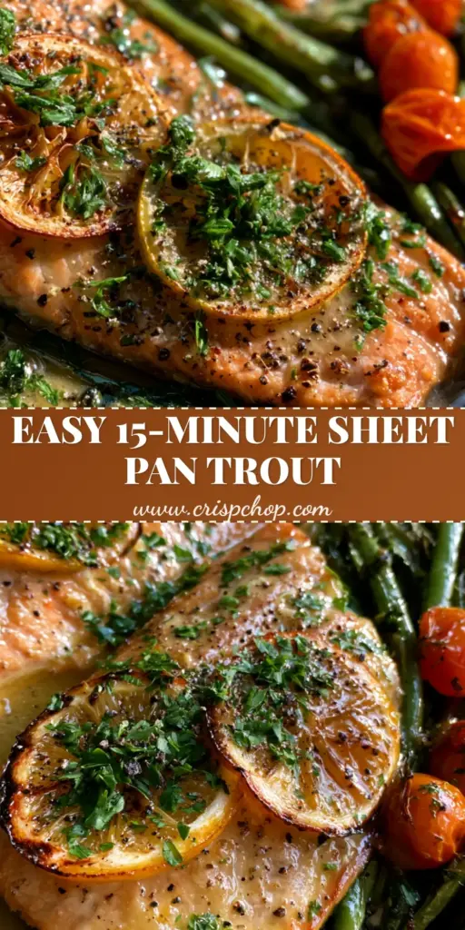 A close-up of sheet pan trout recipes featuring glossy lemon garlic butter rainbow trout, charred lemons, and blistered vegetables on a rustic pan.