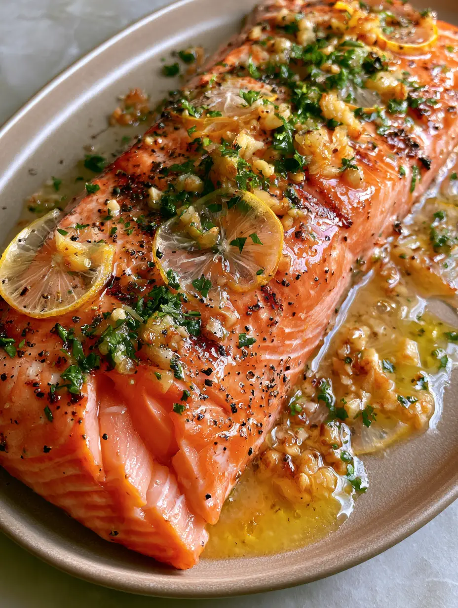 Grilled Steelhead Trout with Lemon Garlic Butter and Herbs 4 Hyper-realistic thick Grilled Steelhead Trout fillet with coral pink flakes and minced garlic bits.