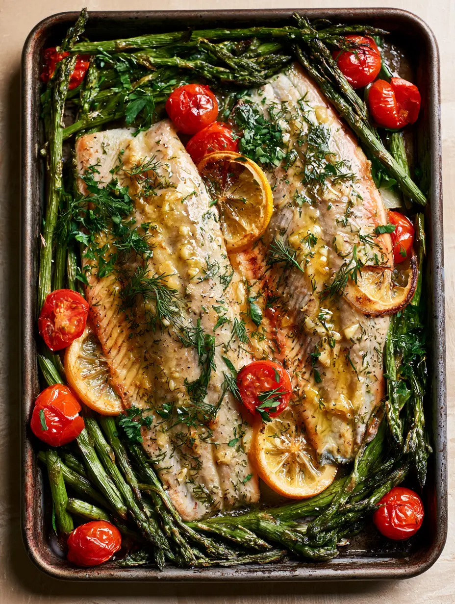 Sheet Pan Trout with Lemon Garlic Butter and Blistered Tomatoes 4 Close up of roasted rainbow trout fillets with glistening garlic butter sauce and caramelized lemon slices. (sheet pan trout)