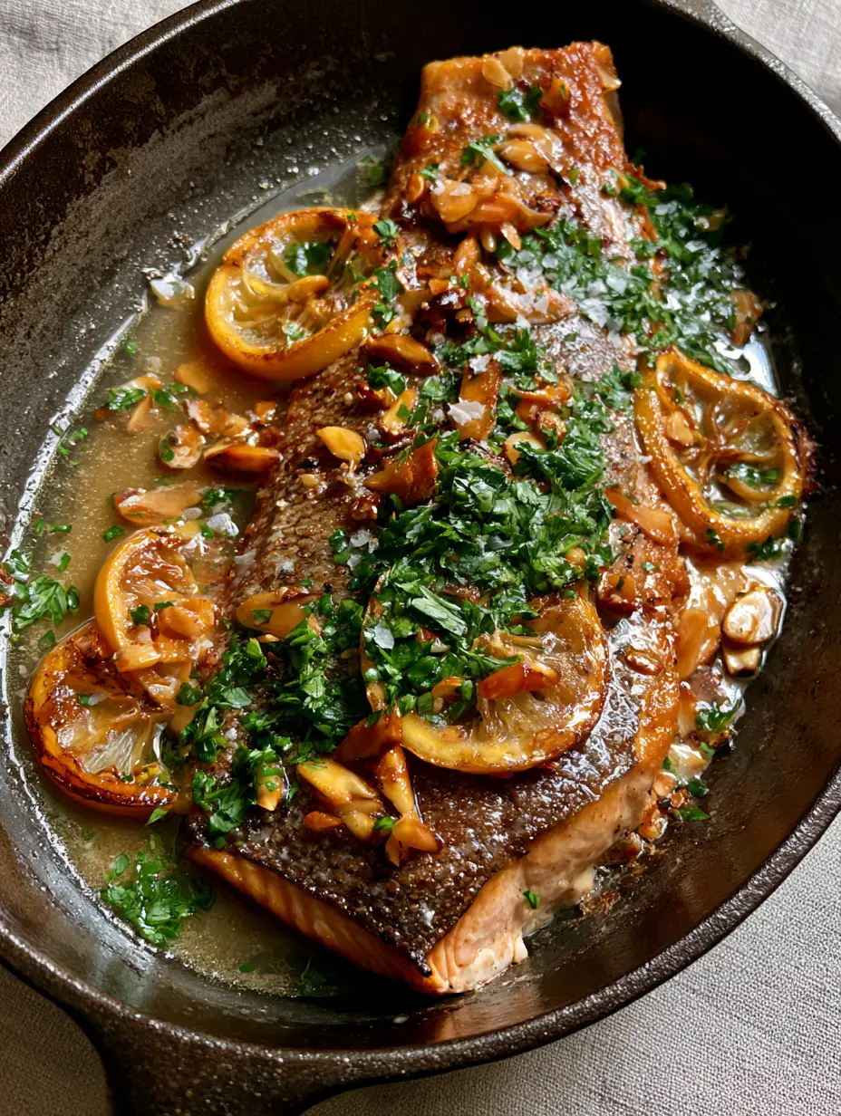 Close up of rainbow trout amandine showing succulent flaky meat and shimmering lemon brown butter sauce.