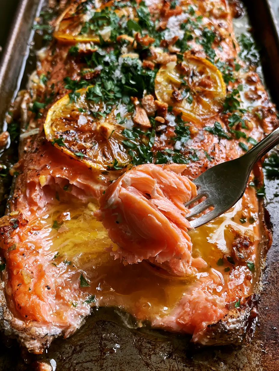 Extreme close-up of flaky rainbow trout meat under a fork, drenched in glossy garlic butter. (trout recipe)