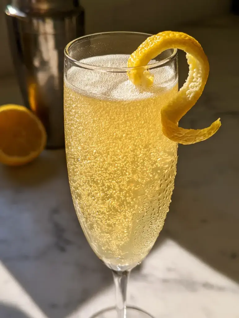 Macro shot of a French 75 cocktail showing vertical bubbles and external glass condensation.