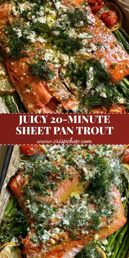 A top-down view of a Mediterranean trout bake on a parchment-lined sheet pan with blistered tomatoes, asparagus, and feta.