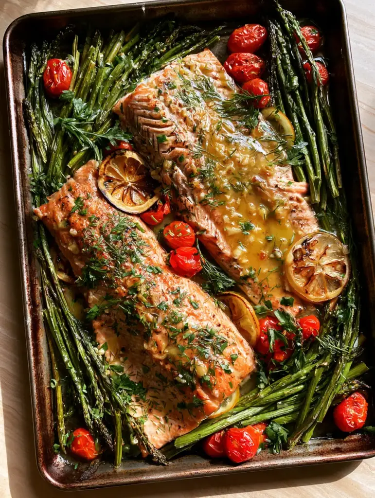 Sheet Pan Trout with Lemon Garlic Butter and Blistered Tomatoes 1 Full view of a dark metal sheet pan featuring roasted trout, green asparagus, and red tomatoes garnished with fresh herbs.