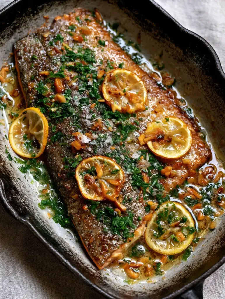 Overhead view of Trout Amandine in a skillet with charred lemon slices and fresh parsley garnish.