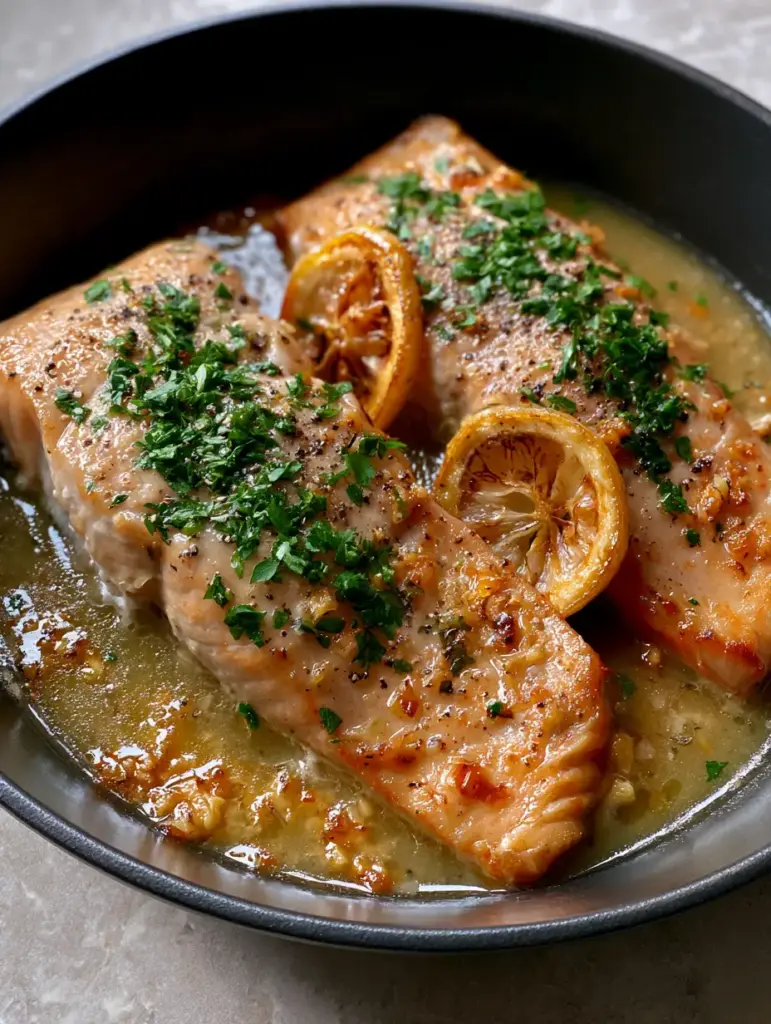 Top-down view of trout with parsley and lemon butter in a cast iron skillet with charred lemon wheels.