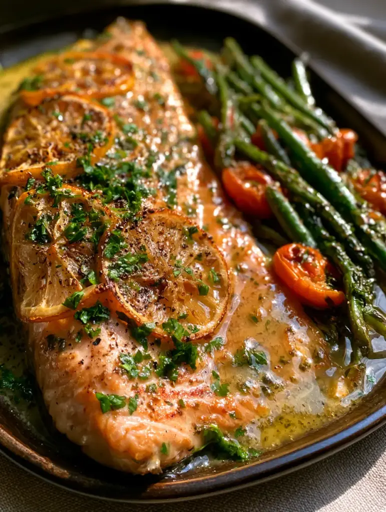 Close up of caramelized cherry tomatoes and charred lemons on a rustic sheet pan for trout recipes.