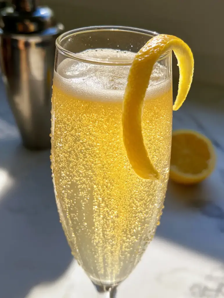 Silver cocktail shaker and halved fresh lemon on a marble countertop behind a French 75 cocktail.