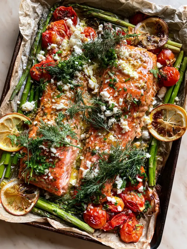 A rustic sheet pan featuring blistered cherry tomatoes and charred lemon wheels alongside baked trout.