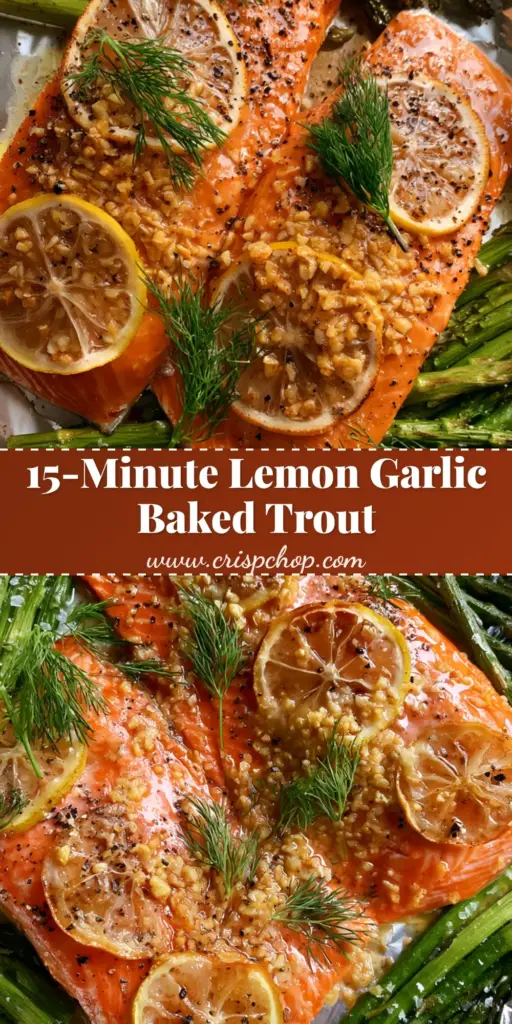 A top-down view of a sheet pan featuring two orange-pink steelhead trout fillets with charred lemon rounds and blistered asparagus. (Baked trout recipe)