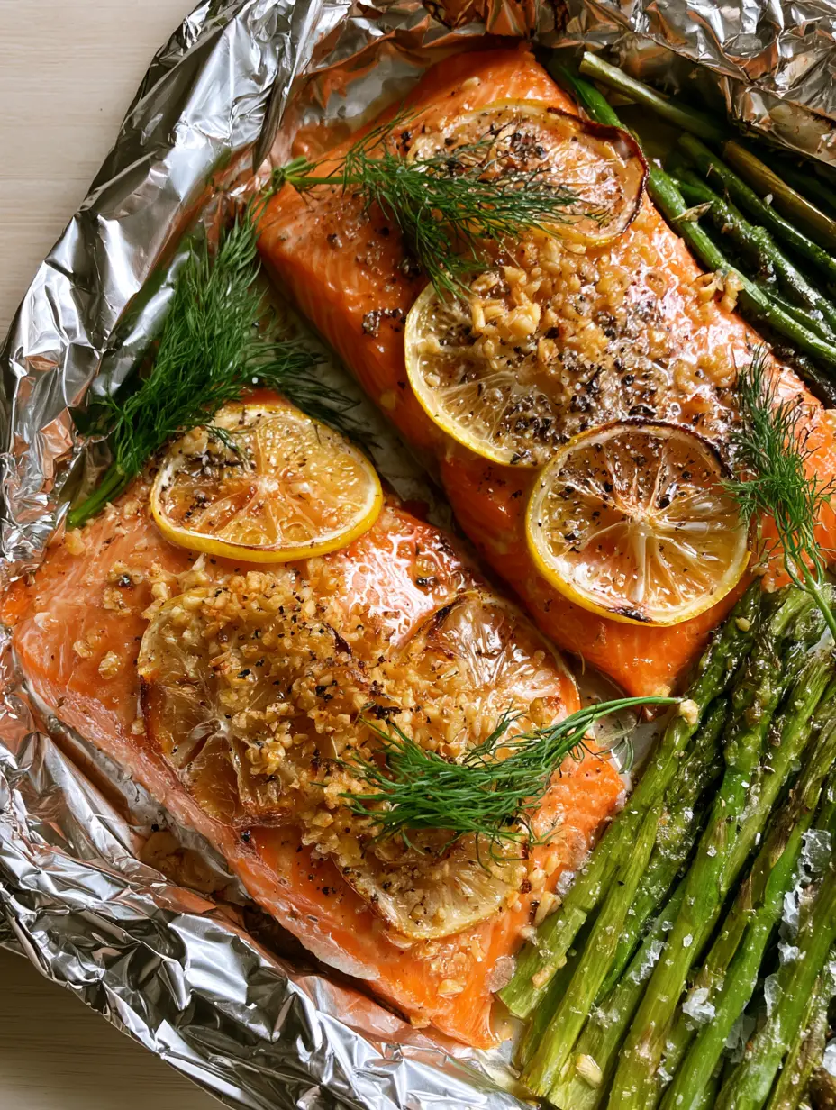 Smartphone photo of two steelhead trout fillets on foil with garlic bits and charred lemons. (Baked trout recipe)