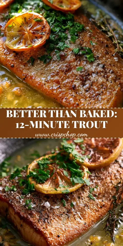 Garlic Butter Trout with Crispy Skin and Charred Lemon 4 A top-down view of pan-seared garlic butter trout in a cast iron skillet, featuring crispy golden skin, toasted garlic, and charred lemon slices.