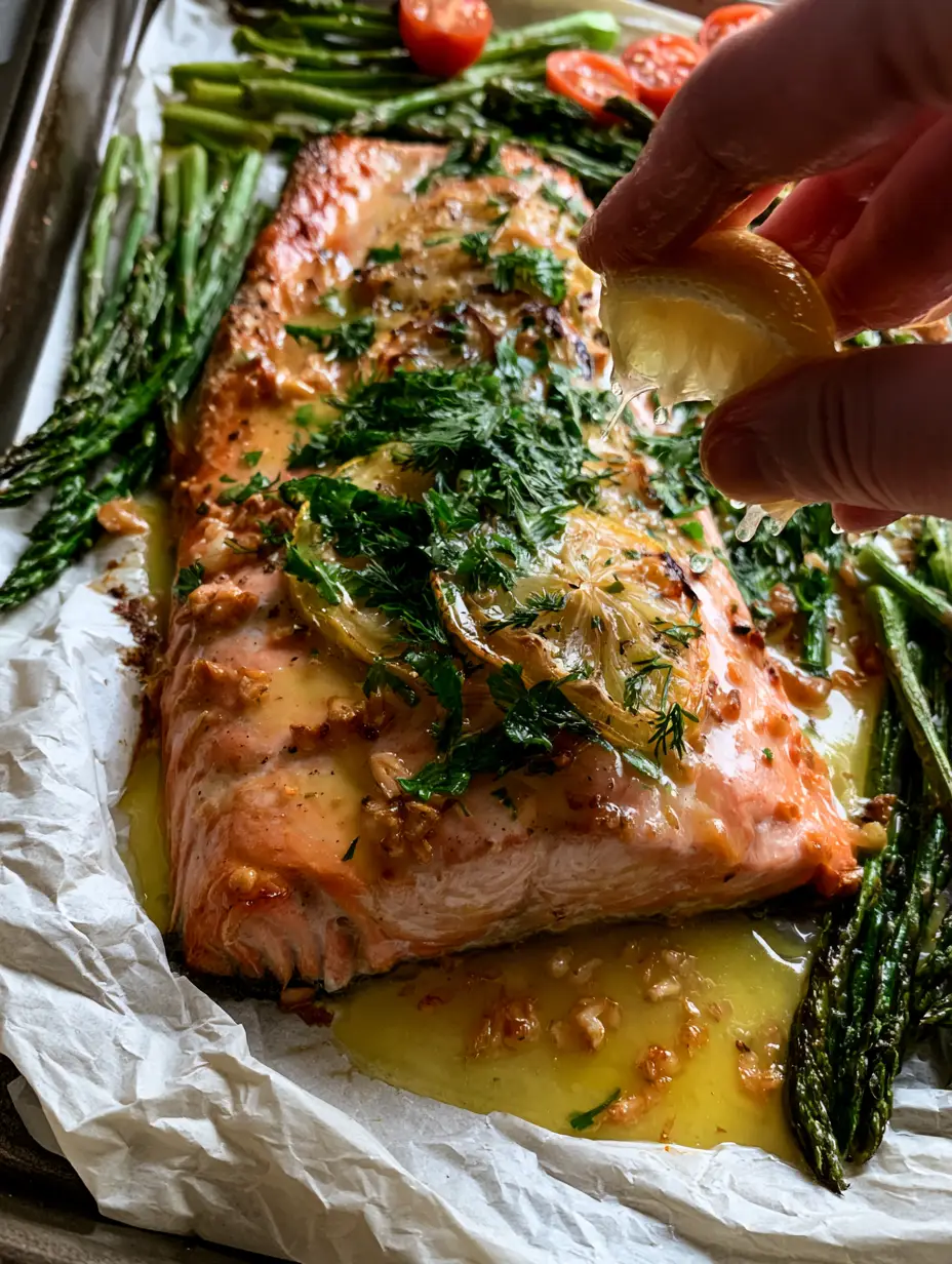 Lemon Herb Butter Trout with Blistered Asparagus and Roasted Tomatoes 4 Succulent sheet pan lemon herb butter trout with golden-brown edges and a thick garlic butter sauce.