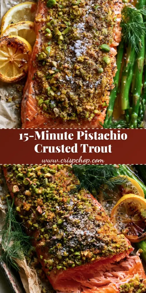 A close-up vertical shot of pistachio-crusted rainbow trout on a sheet pan with charred lemons and asparagus, optimized for Pinterest. (pistachio-crusted rainbow trout)