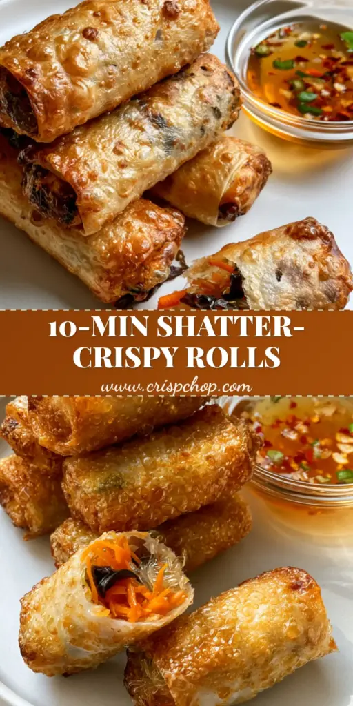 A stack of golden-brown air-fried crispy rice paper rolls on a white plate showing a blistered texture and a side of amber chili sauce.