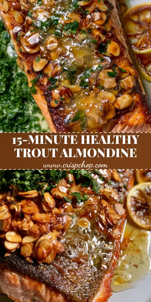 Overhead shot of crispy pan-seared Trout Almondine topped with golden toasted almonds and lemon brown butter sauce.