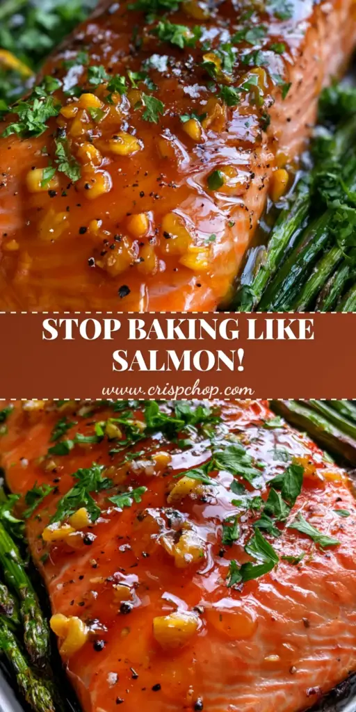Extreme close-up of a honey-garlic steelhead trout fillet with a glistening amber glaze, roasted garlic, and charred lemons on a dark sheet pan.