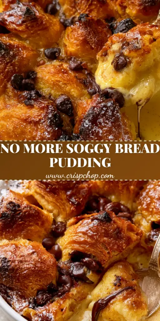 A high-angle shot of golden-brown croissant bread pudding in a white ceramic dish, featuring glistening honey-glazed peaks and melted chocolate strings. (croissant bread pudding)
