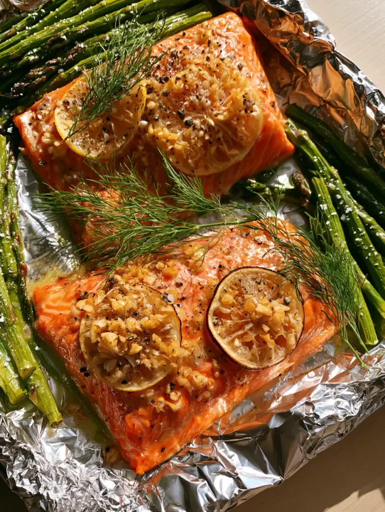 Sheet pan trout with blistered green asparagus, sea salt flakes, and fresh dill sprigs.
