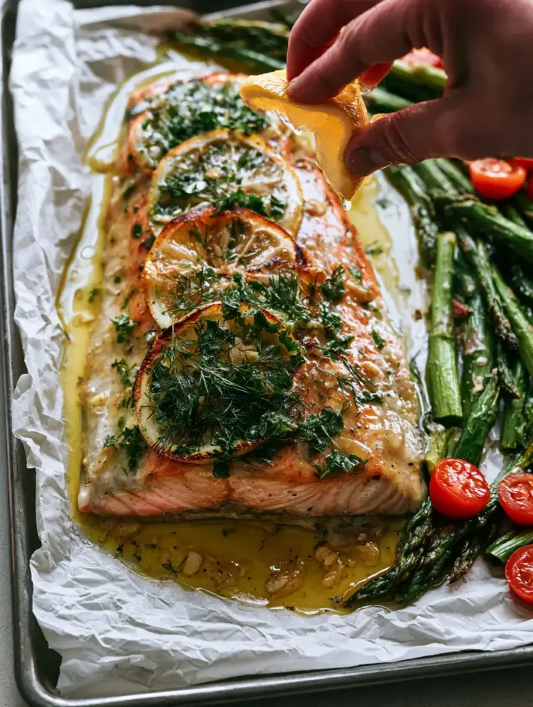 Lemon Herb Butter Trout with Blistered Asparagus and Roasted Tomatoes 1 Close-up of roasted cherry tomatoes and blistered asparagus surrounding a lemon herb butter trout fillet.