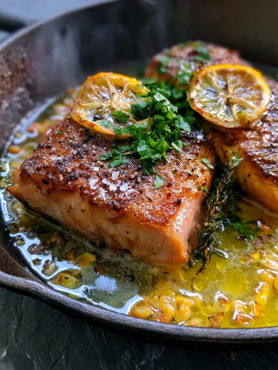 Garlic Butter Trout with Crispy Skin and Charred Lemon 3 Close up of two trout fillets in a skillet with bubbling garlic butter sauce and fresh thyme. (garlic butter trout)