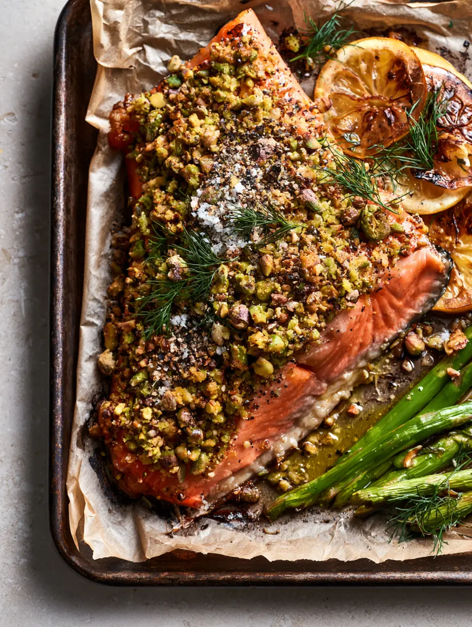 Top-down view of a roasted trout fillet with a chunky green pistachio crust and golden breadcrumbs. (pistachio-crusted rainbow trout)