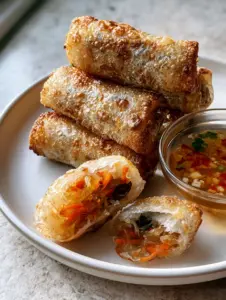 Handheld shot of golden-brown crispy rice paper rolls with highly textured blistered skin and steamed vegetable filling.