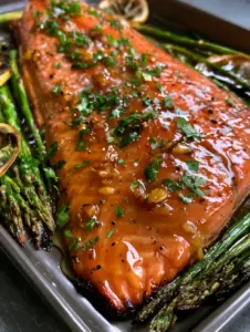 Close-up shot of caramelized honey-garlic steelhead trout edges with golden roasted garlic bits. (Honey-garlic steelhead trout)