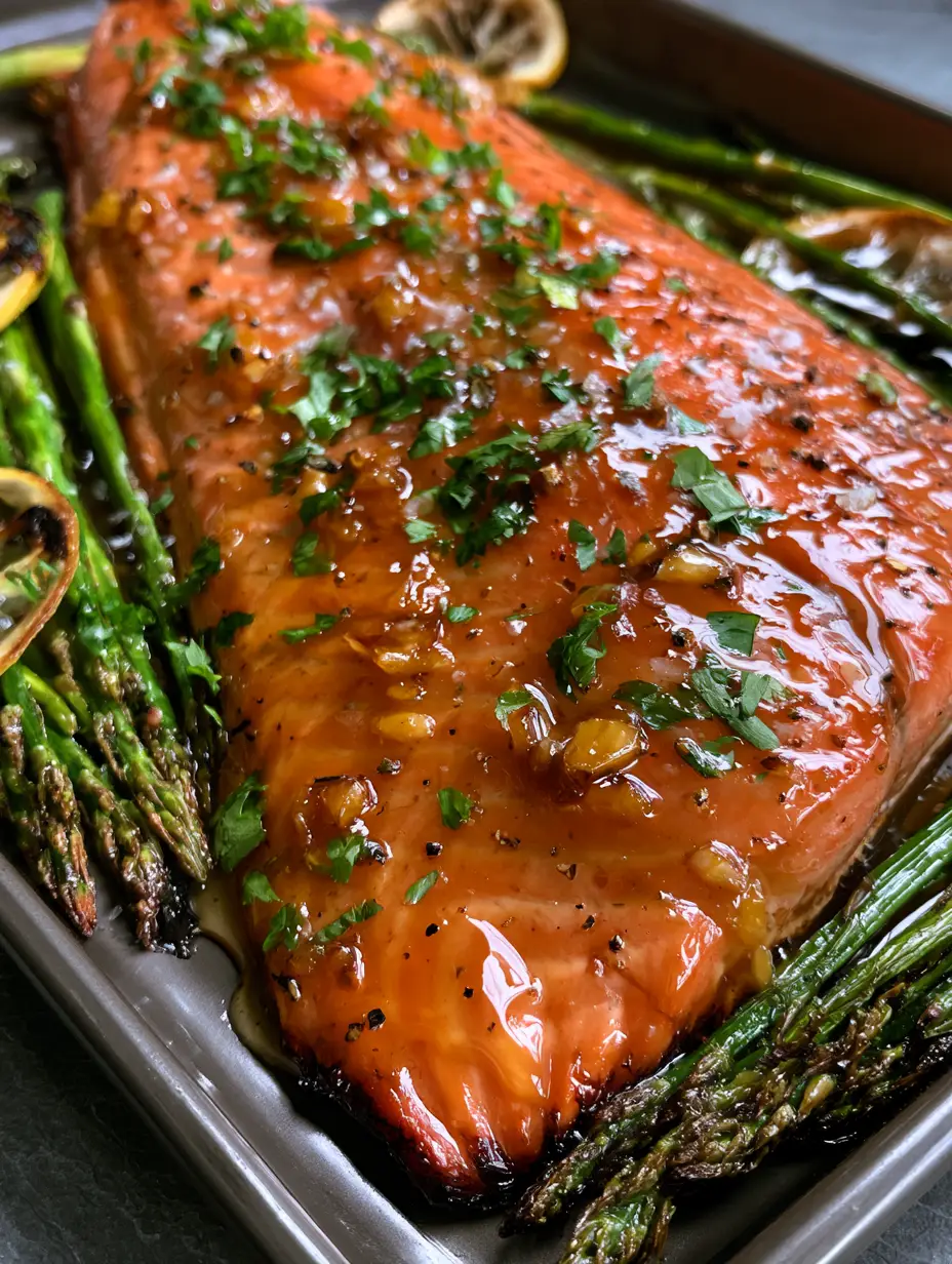 Close-up shot of caramelized honey-garlic steelhead trout edges with golden roasted garlic bits. (Honey-garlic steelhead trout)