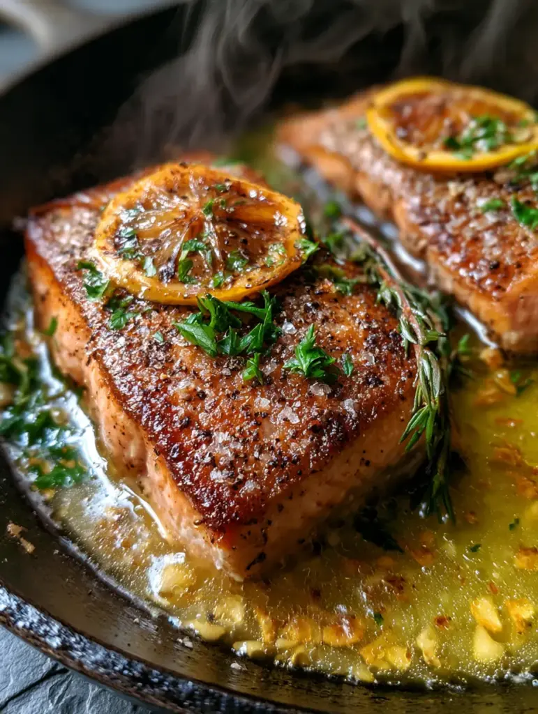 Garlic Butter Trout with Crispy Skin and Charred Lemon 1 Extreme close-up of a pan-seared trout fillet showing the incredibly crispy, golden-brown seared crust and sea salt flakes.