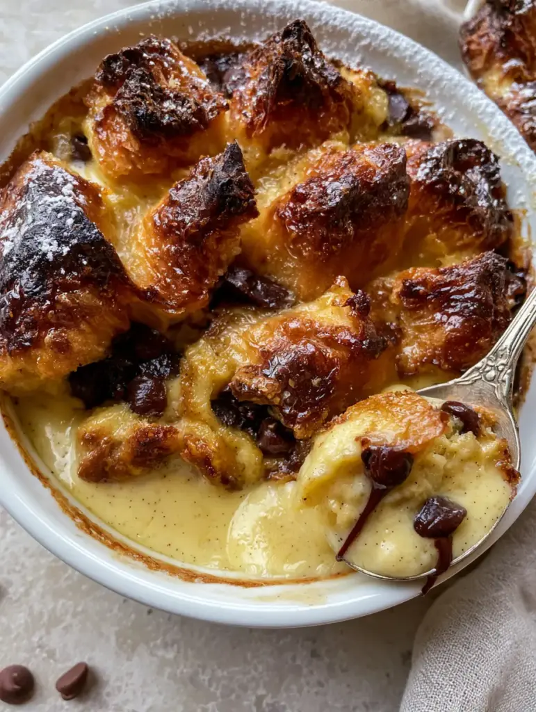 Close-up of toasted jagged croissant peaks dusted with powdered sugar and nestled with semi-melted dark chocolate chips. (croissant bread pudding)