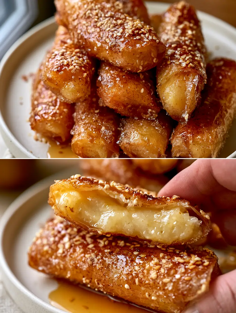 Caramelized Banana Rice Paper Rolls: The Crispiest Air Fryer Dessert 4 Close up photo of caramelized banana rice paper rolls with a glassy sugar crust and maple syrup drizzle.