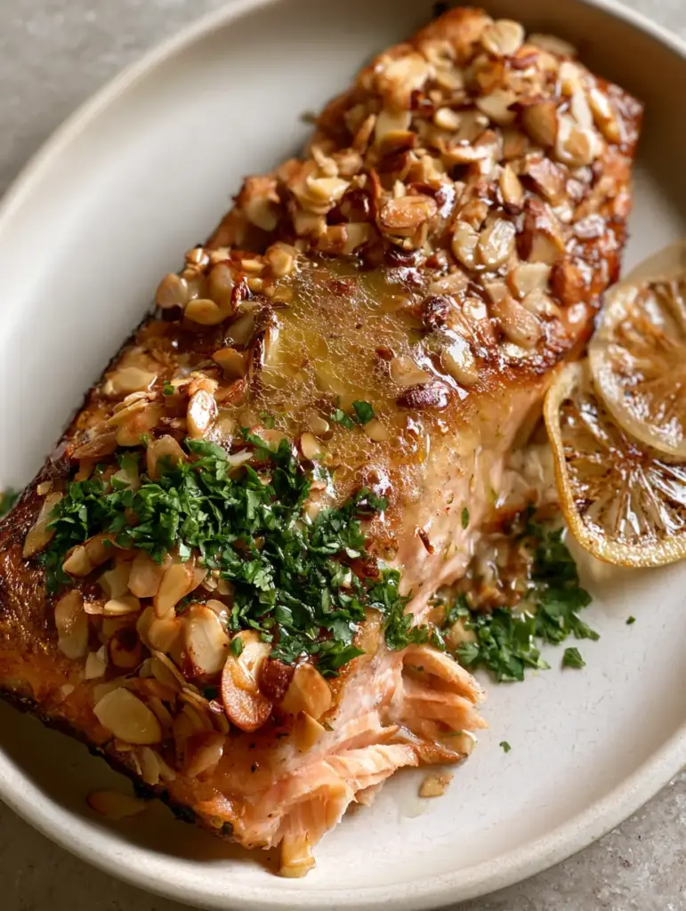 Trout Almondine served on a white plate with lemon brown butter sauce, toasted almonds, and parsley garnish.