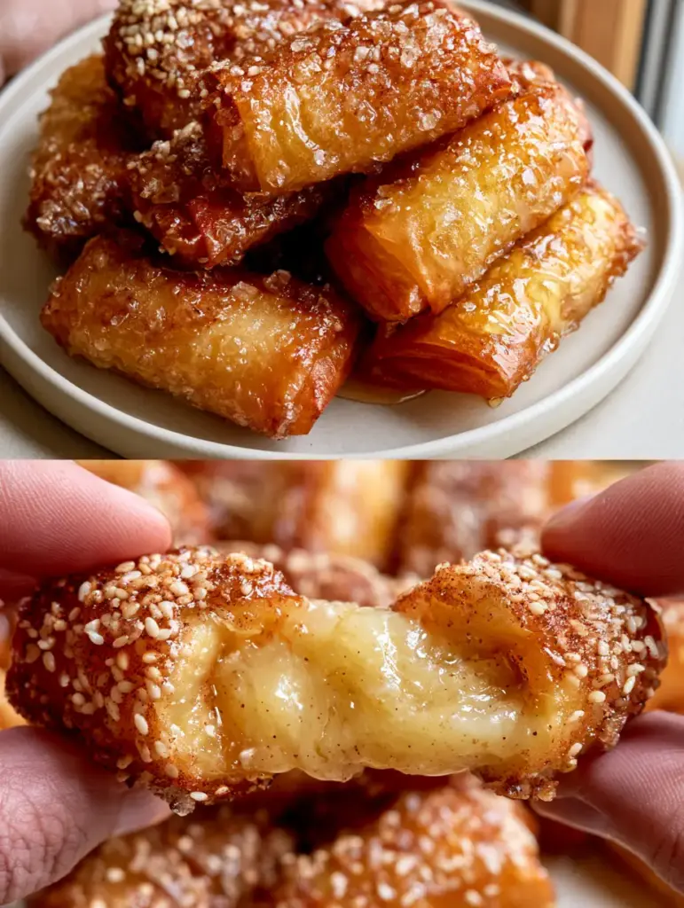 Caramelized Banana Rice Paper Rolls: The Crispiest Air Fryer Dessert 1 Gooey melted pale yellow banana center of a snapped rice paper roll.