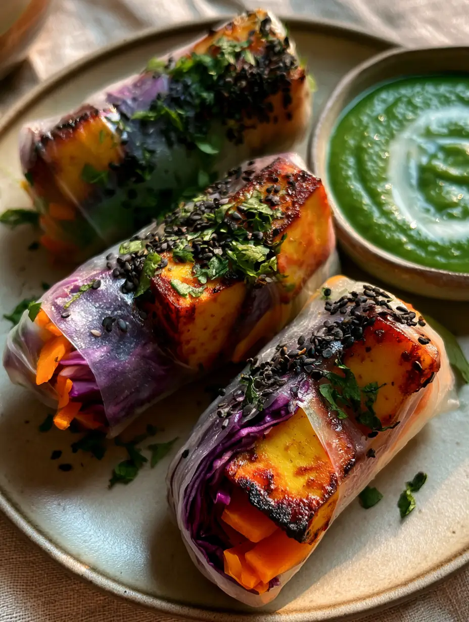 Indian rice paper rolls with Tandoori Paneer and Mint Chutney 4 Extreme close-up of glossy Indian rice paper rolls revealing layers of carrots and charred paneer. (Indian rice paper rolls)